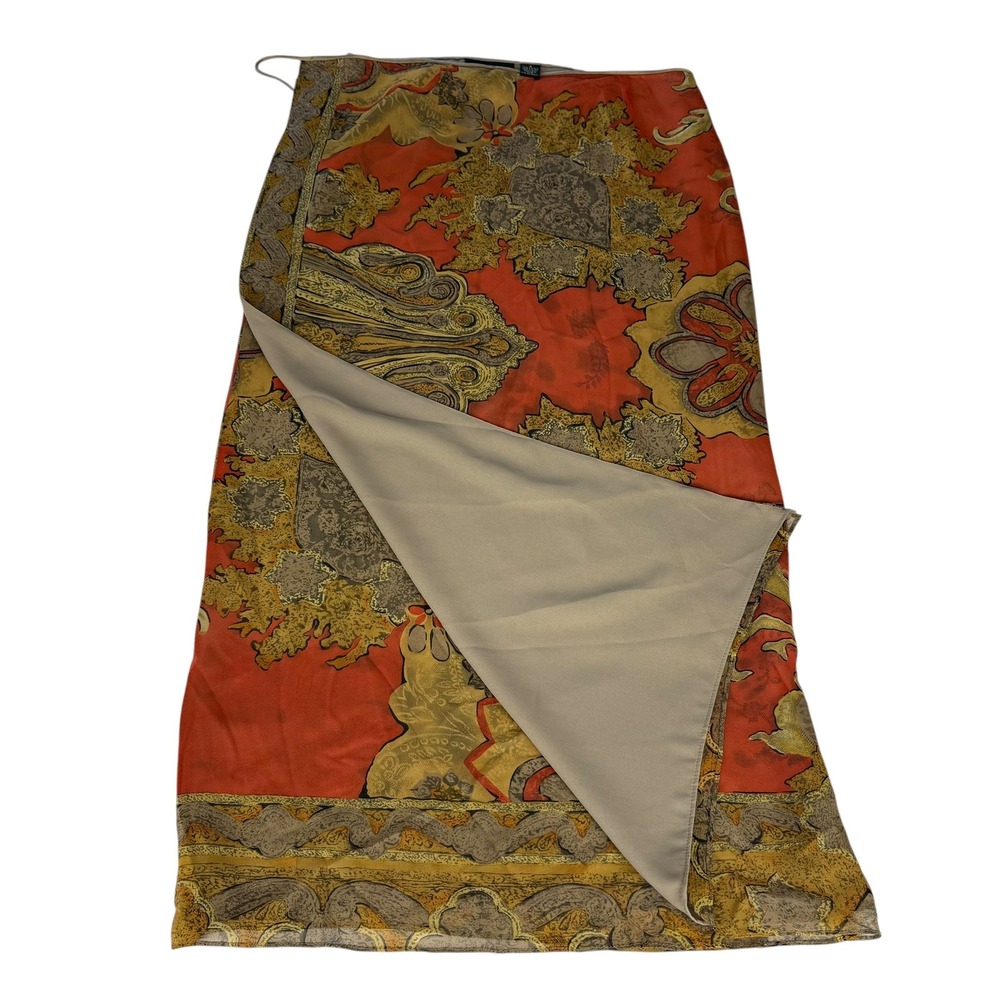 Dana Buchman Silk Maxi Wrap Skirt Orange Paisley Floral Tie Waist Lined Size 12 - Picture 2 of 7
